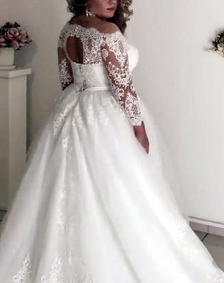 A-Line Off-the-Shoulder Long Sleeves Court Train Lace Tulle Wedding Dresses