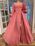 A-Line Evening Gown Elegant Dress Formal Floor Length Long Sleeve Scoop Neck Satin with Slit 2023