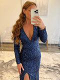 Mermaid / Trumpet Evening Gown Open Back Dress Formal Floor Length Long Sleeve V Neck Sequined with Sequin 2023