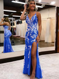 Mermaid / Trumpet Prom Dresses Sexy Dress Formal Sweep / Brush Train Sleeveless V Neck Tulle Backless with Slit Appliques 2023