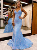 Mermaid / Trumpet Prom Dresses Sparkle & Shine Dress Formal Court Train Sleeveless V Neck Sequined with Sequin 2023