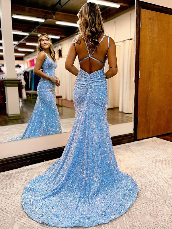 Mermaid / Trumpet Prom Dresses Sparkle & Shine Dress Formal Court Train Sleeveless V Neck Sequined with Sequin 2023