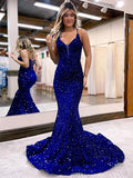Mermaid / Trumpet Prom Dresses Sparkle & Shine Dress Formal Court Train Sleeveless Spaghetti Strap Sequined with Sequin 2023