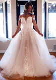 Princess Off-the-Shoulder Chapel Train Tulle Wedding Dress With Appliques Lace Beading - dennisdresses