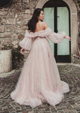 Princess Off-the-Shoulder Sleeveless Sweep Train Tulle Prom Dress With Pleated Split - dennisdresses