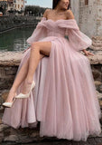 Princess Off-the-Shoulder Sleeveless Sweep Train Tulle Prom Dress With Pleated Split - dennisdresses