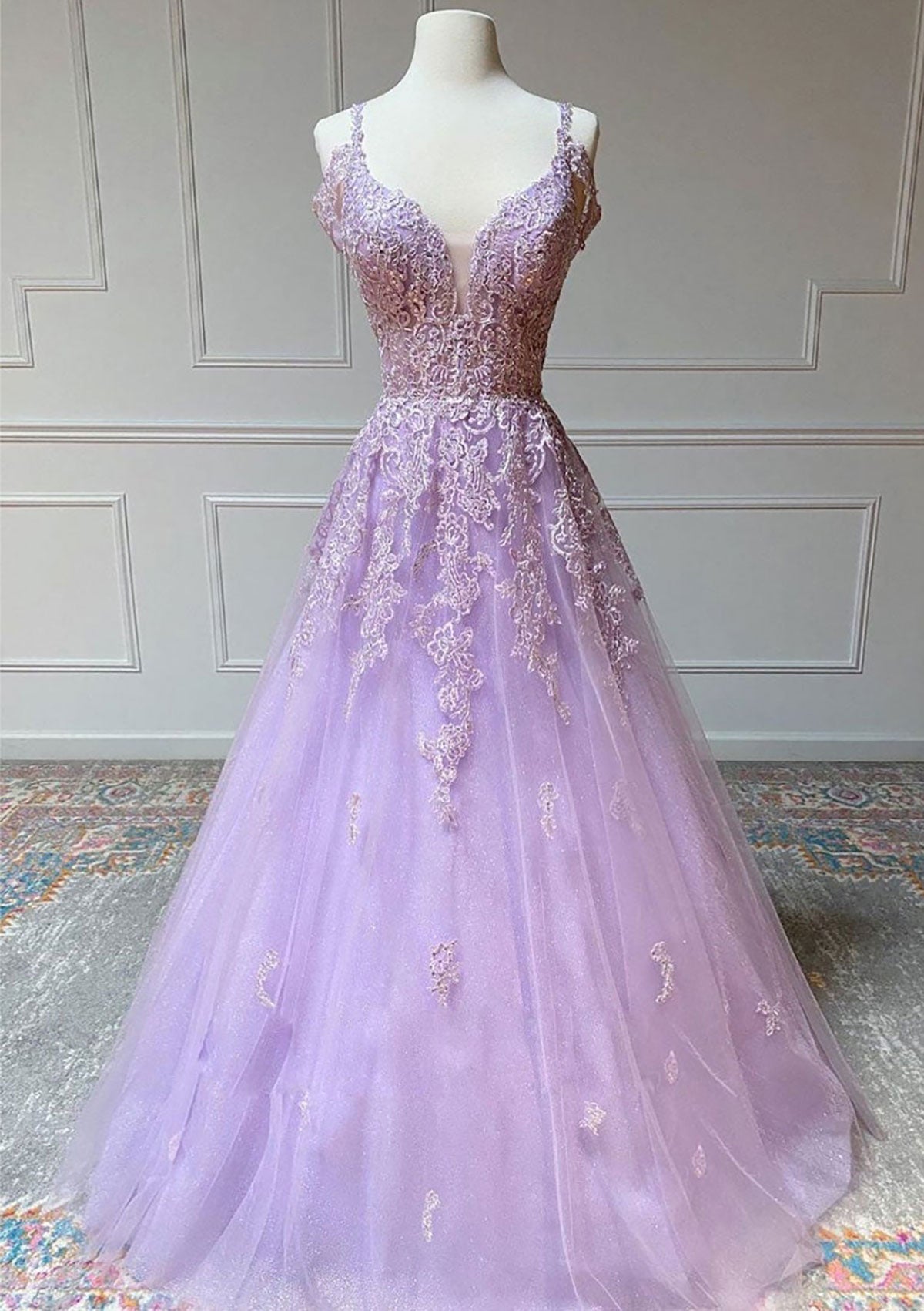 Princess Spaghetti Straps Long/Floor-Length Tulle Prom Dress With Beading Appliqued - dennisdresses