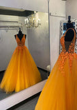 Princess V Neck Long/Floor-Length Tulle Prom Dress With Appliqued - dennisdresses
