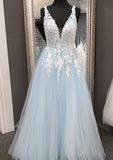 Princess V Neck Long/Floor-Length Tulle Prom Dress With Appliqued Lace - dennisdresses