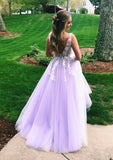 Princess V Neck Sweep Train Tulle Prom Dress With Appliqued - dennisdresses