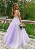 Princess V Neck Sweep Train Tulle Prom Dress With Appliqued - dennisdresses