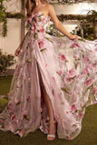 A-Line Prom Dresses Floral Dress Wedding Guest Court Train Sleeveless Strapless Organza with Slit Appliques 2023