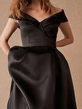 A-Line Plus Size Prom Formal Evening Dress Off Shoulder Short Sleeve Floor Length Satin with Pleats Ruched 2023
