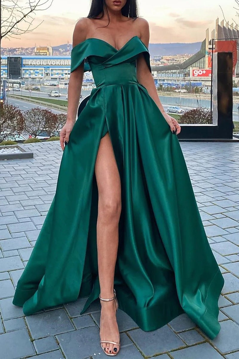 A-Line Prom Dresses Celebrity Style Dress Christmas Floor Length Short Sleeve V Neck Satin with Slit 2023
