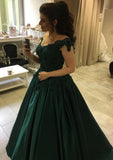 Satin Court Train A-Line/Princess Sleeveless Off-The-Shoulder Zipper Prom Dress With Appliqued - dennisdresses