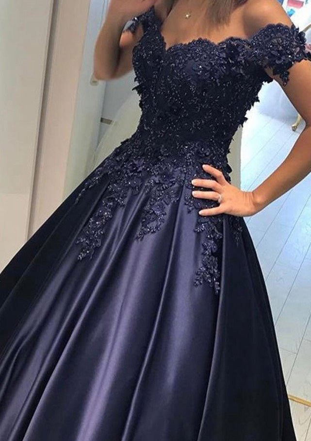 Satin Court Train A-Line/Princess Sleeveless Off-The-Shoulder Zipper Prom Dress With Appliqued - dennisdresses
