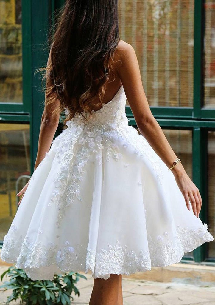 Satin Knee-Length A-Line/Princess Sleeveless Strapless Zipper Prom Dress With Appliqued - dennisdresses