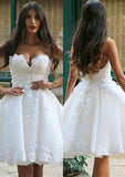 Satin Knee-Length A-Line/Princess Sleeveless Strapless Zipper Prom Dress With Appliqued - dennisdresses