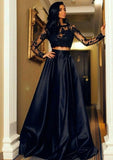 Two Piece Prom Dresses Vintage Dress Formal Floor Length Long Sleeve Jewel Neck Satin with Appliques 2023