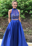 Satin Prom Dress A-Line/Princess High-Neck Long/Floor-Length With Lace - dennisdresses