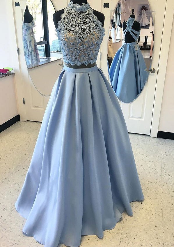 Satin Prom Dress A-Line/Princess High-Neck Long/Floor-Length With Lace - dennisdresses