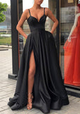 Satin Prom Dress A-line/Princess Long/Floor-Length Sleeveless With Split Pockets