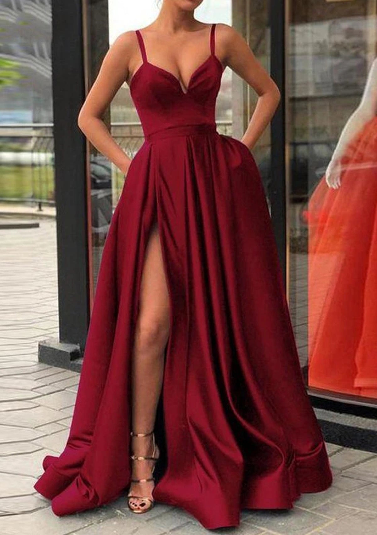 Satin Prom Dress A-line/Princess Long/Floor-Length Sleeveless With Split Pockets - dennisdresses