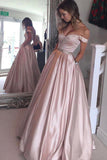 Satin Prom Dress A-Line/Princess Off-The-Shoulder Long/Floor-Length With Beaded - dennisdresses