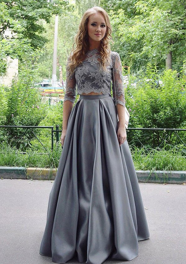 Satin Prom Dress A-Line/Princess Scoop Neck Long/Floor-Length With Lace - dennisdresses