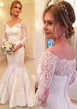 Satin Sweep Train Trumpet/Mermaid 3/4 Sleeve Off-The-Shoulder Covered Button Wedding Dress With Appliqued - dennisdresses