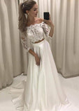 Satin Wedding Dress A-Line/Princess Off-The-Shoulder Sweep Train With Lace
