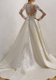 Satin Wedding Dress A-Line/Princess Sweetheart Court Train With Lace - dennisdresses