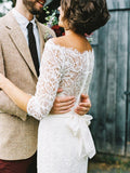 Sheath/Column 3/4 Sleeves Lace Off-the-Shoulder Bowknot Sweep/Brush Train Wedding Dresses - dennisdresses