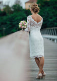 Sheath/Column Bateau Half Sleeve Knee-Length Lace Wedding Dress