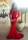 Sheath/Column Full/Long Sleeve Off-The-Shoulder Sweep Train Elastic Satin Prom Dress With Lace