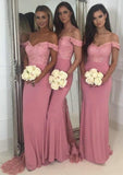 Sheath/Column Off-the-Shoulder Sleeveless Sweep Train Jersey Bridesmaid Dresses With Lace Beading