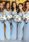 Sheath/Column Off-The-Shoulder Sweep Train Bridesmaid Dresses With Lace Appliqued - dennisdresses