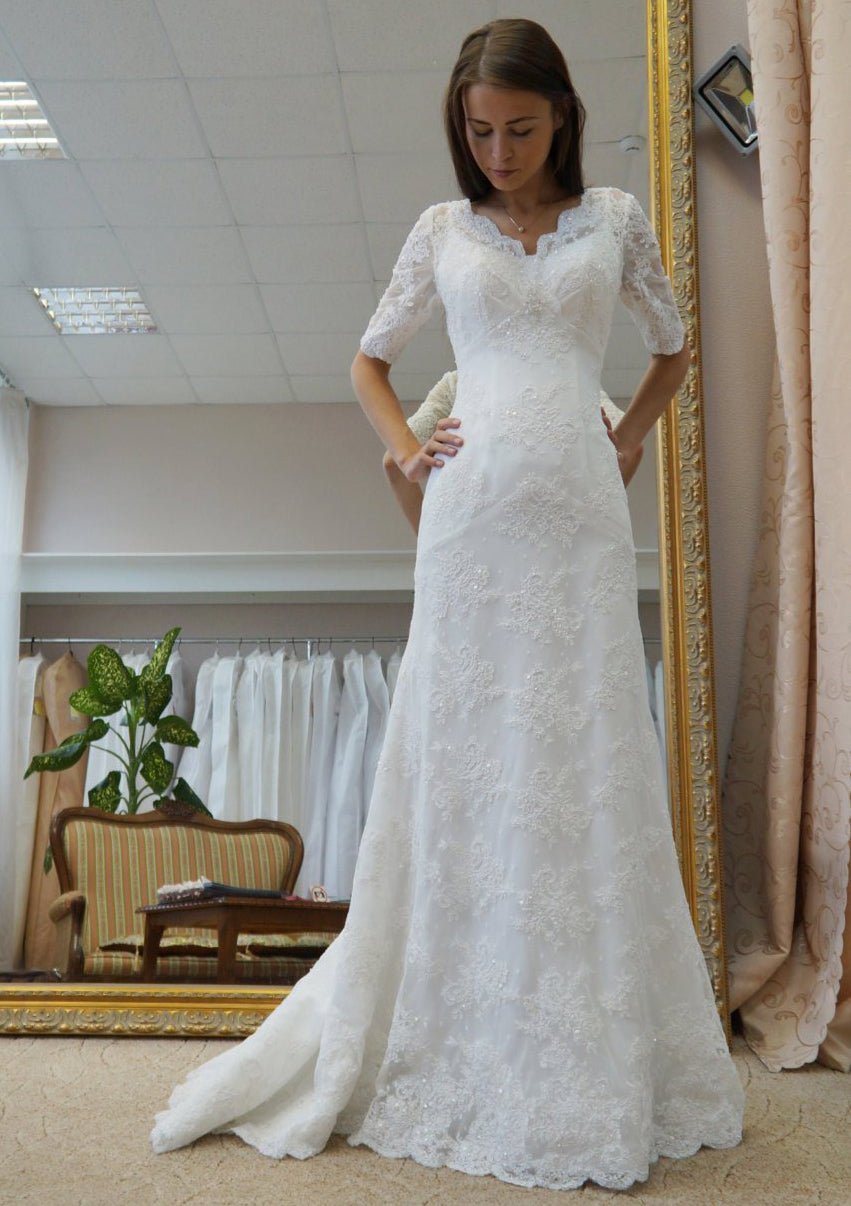 Sheath/Column Scalloped Neck Half Sleeve Sweep Train Lace Wedding Dress - dennisdresses