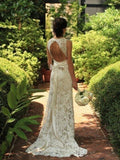 Sheath/Column Sleeveless Lace V-neck Court Train Wedding Dresses