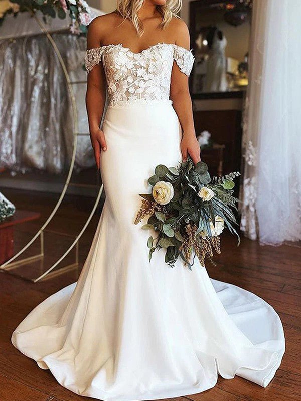 Sheath/Column Stretch Crepe Applique Off-the-Shoulder Sleeveless Sweep/Brush Train Wedding Dresses - dennisdresses