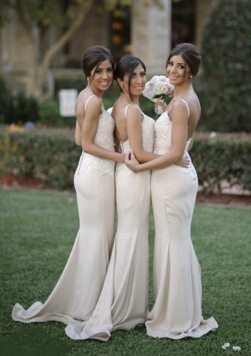 Sheath/Column Sweetheart Court Train Elastic Satin Bridesmaid Dresses With Lace - dennisdresses