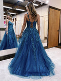 Ball Gown A-Line Prom Dresses Sparkle & Shine Dress Formal Floor Length Sleeveless V Neck Tulle Backless with Glitter Appliques 2023