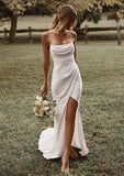 Trumpet/Mermaid Cowl Neck Spaghetti Straps Sweep Train Satin Wedding Dress With Pleated Split - dennisdresses