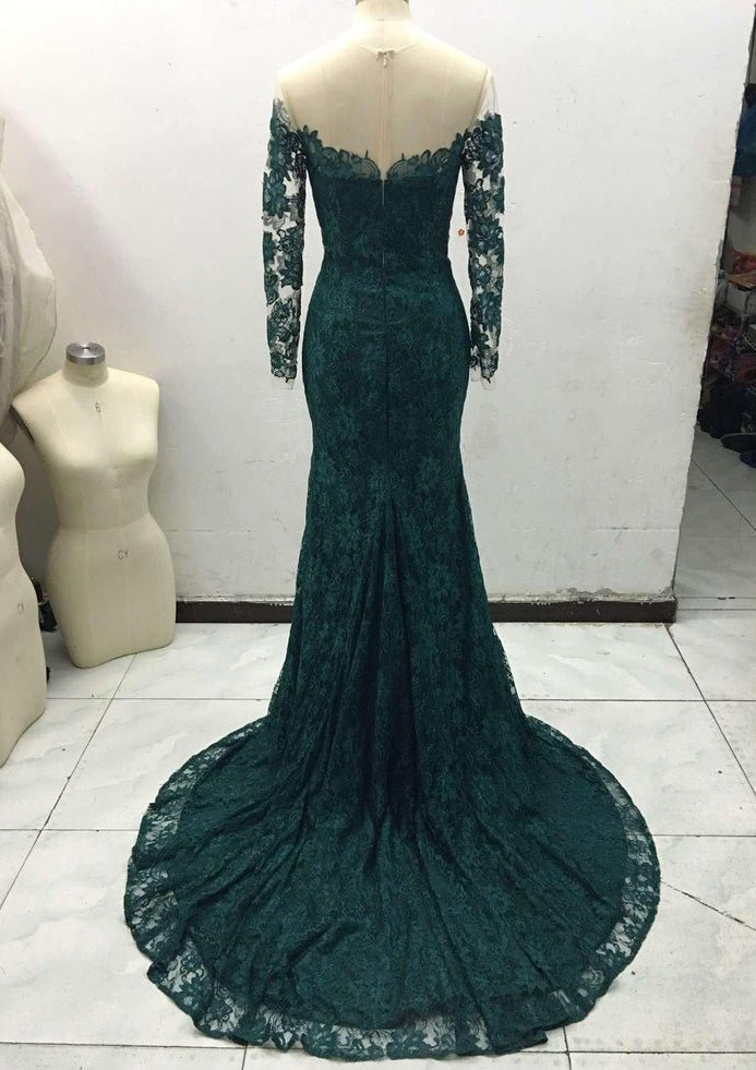 Trumpet/Mermaid Full/Long Sleeve Bateau Chapel Train Lace Prom Dress With Appliqued - dennisdresses