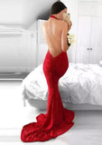 Trumpet/Mermaid Halter Sleeveless Sweep Train Lace Evening Dress - dennisdresses