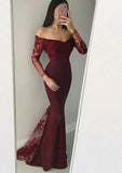 Trumpet/Mermaid Off-the-Shoulder Full/Long Sleeve Long/Floor-Length Elastic Satin Evening Dress With Lace