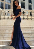 Trumpet/Mermaid Off-the-Shoulder Short Sleeve Court Train Jersey Prom Dress With Split - dennisdresses