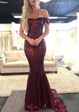 Trumpet/Mermaid Off-the-Shoulder Sleeveless Sweep Train Sequined Evening Dress
