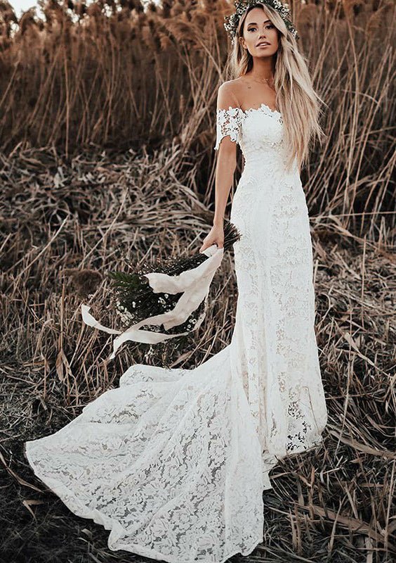 Trumpet/Mermaid Scalloped Neck Short Sleeve Court Train Lace Wedding Dress - dennisdresses
