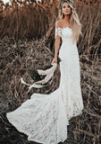 Trumpet/Mermaid Scalloped Neck Short Sleeve Court Train Lace Wedding Dress